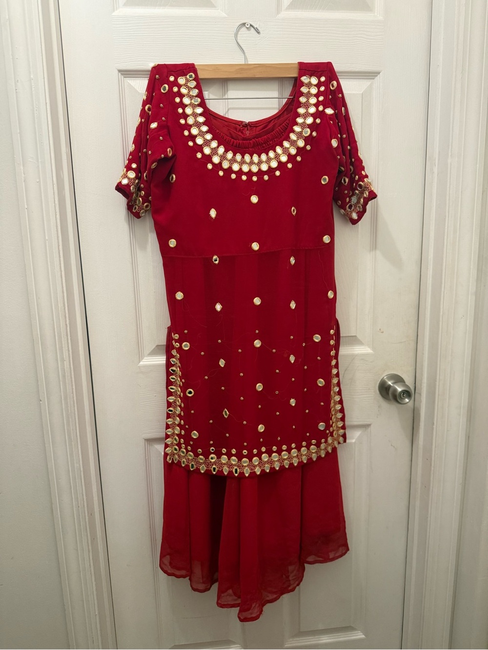 Red Embellished Women's Salwar Kameez with Gold Mirror Details